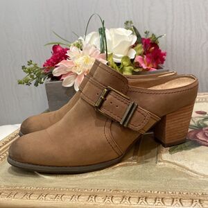 Vionic Cheyenne Suede Leather Stacked Heel Mules Tan Brown Sz 9